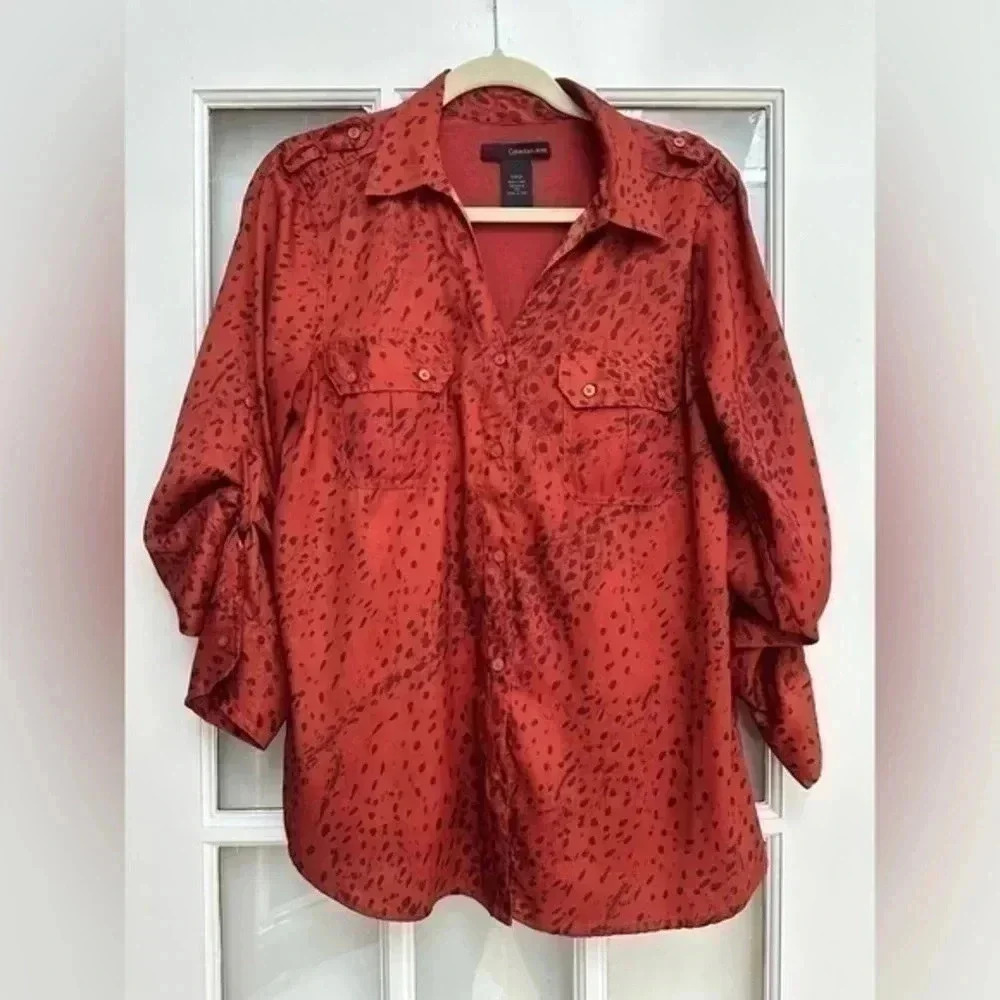 Calvin Klein Y2K Burnt Red Orange Leopard Print Speckled Blouse Size Small S